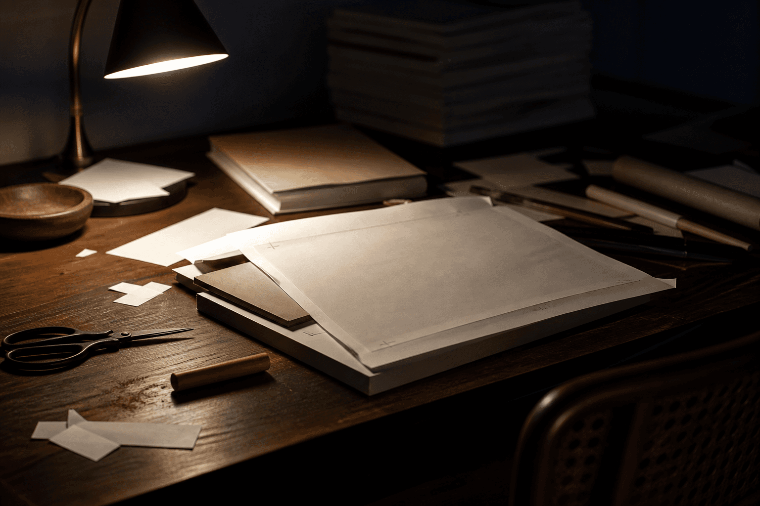 Andrucke und Werkzeug auf einem Setztisch.